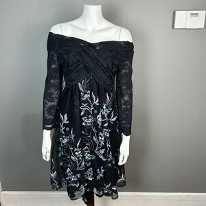 Olvi's Dress size 4 Black Off Shoulder Embroidered Floral Lace Collection Retro
